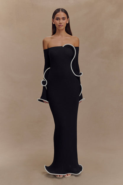 Robe Maxi Tricotée à Manches Décolletées Sandrine - Noir/Blanc