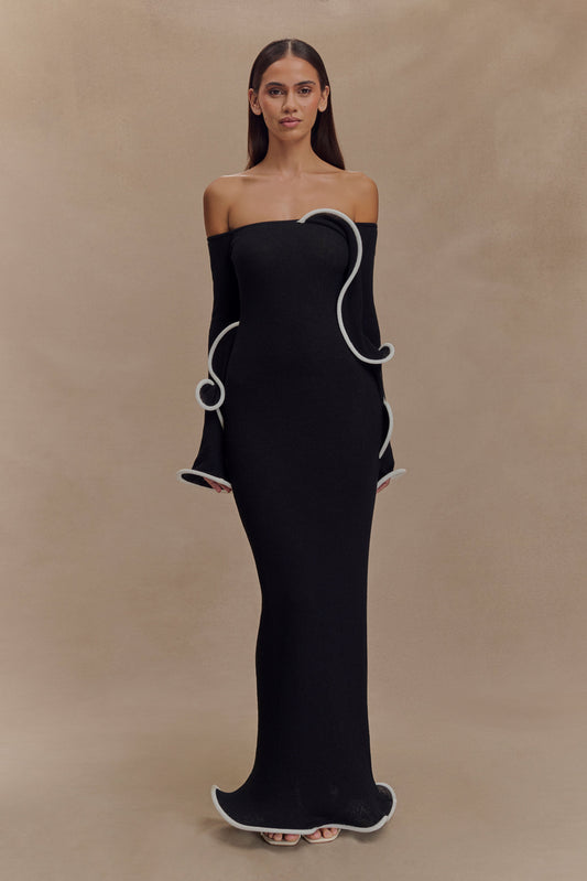 Robe Maxi Tricotée à Manches Décolletées Sandrine - Noir/Blanc
