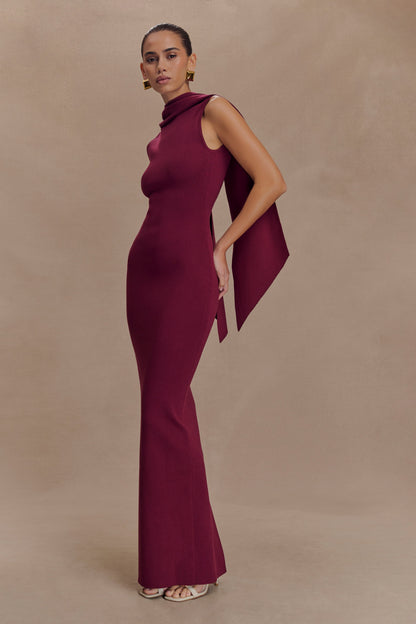 Robe Maxi Tricot Darby avec Écharpe - Merlot