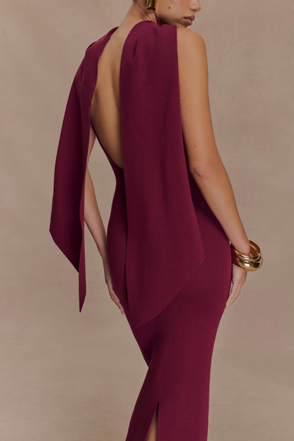 Robe Maxi Tricot Darby avec Écharpe - Merlot