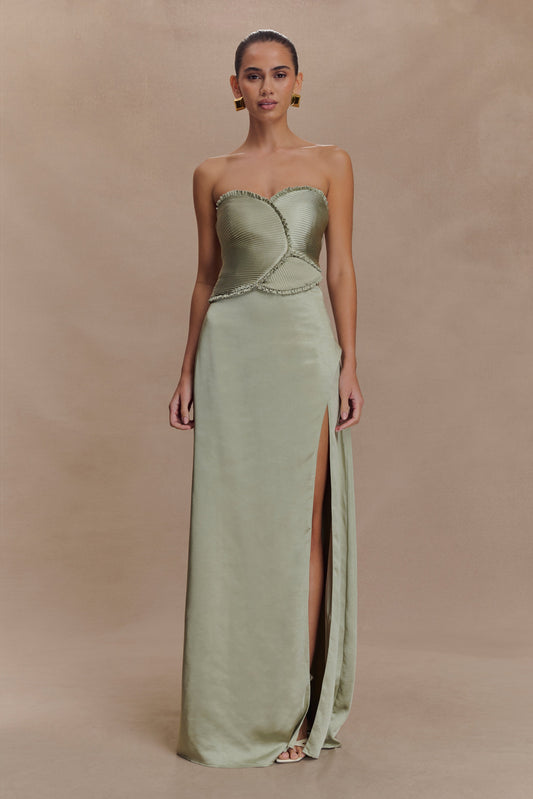 Robe Maxi Larissa en Satin avec Pétales Froncés - SAGE