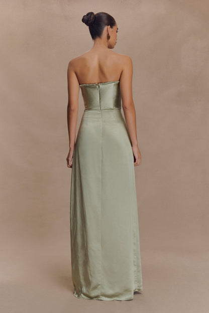 Robe Maxi Larissa en Satin avec Pétales Froncés - SAGE