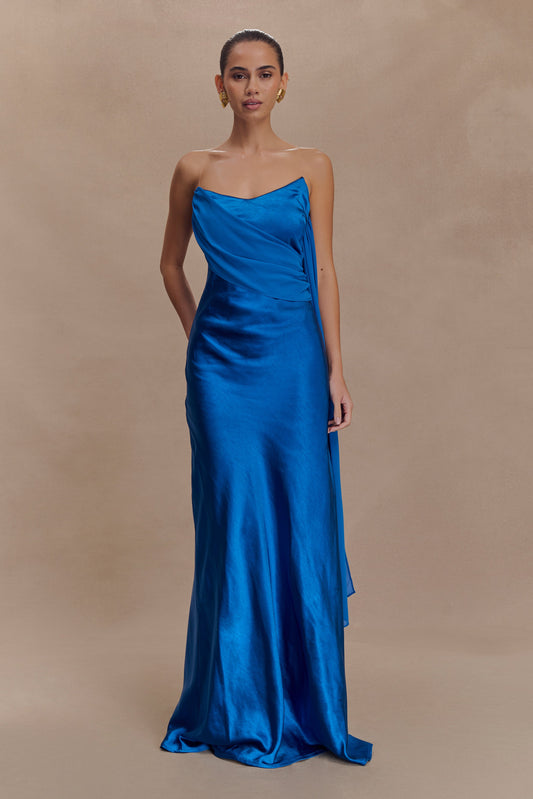 Robe Maxi Carah en Satin et Chiffon - Cobalt