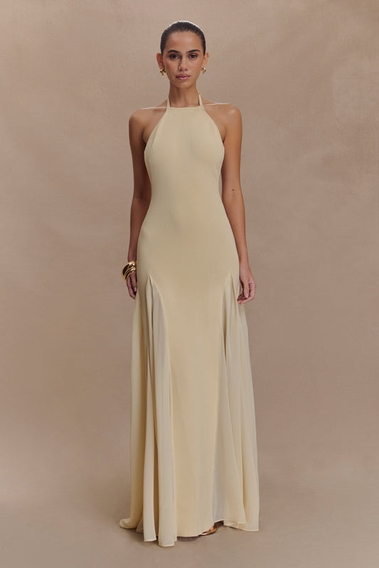 Robe Maxi Soleil en Tricot et Maille avec Décolleté Halter - Crème