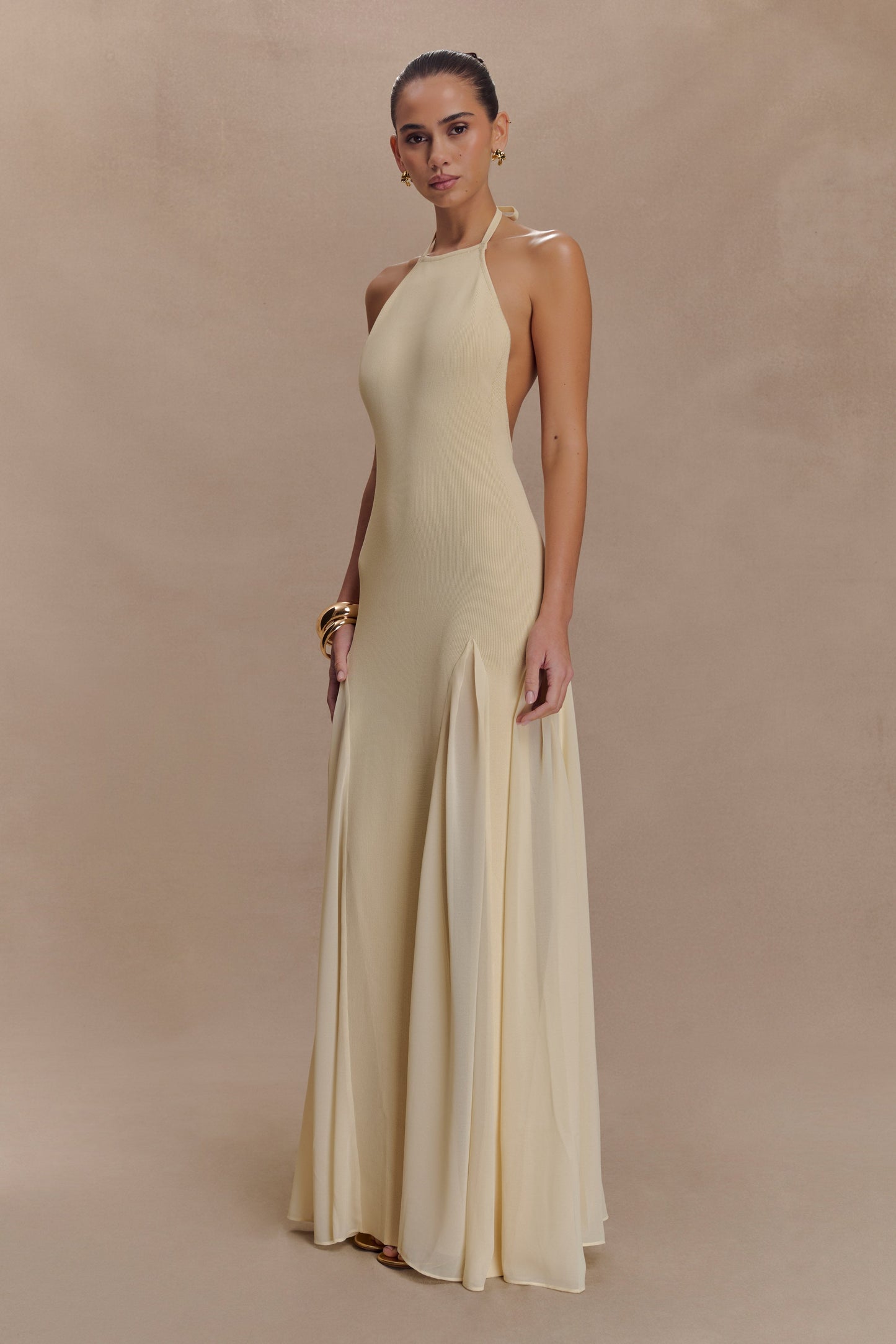 Robe Maxi Soleil en Tricot et Maille avec Décolleté Halter - Crème