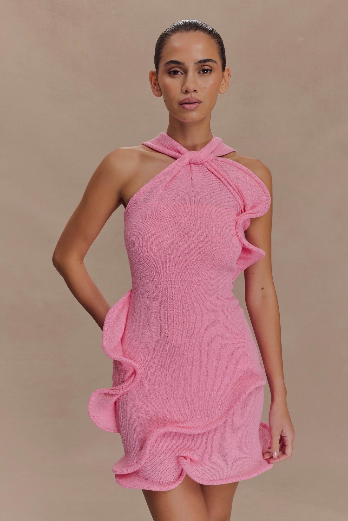 Mini-robe Caprice à col montant en jersey - Rose bonbon