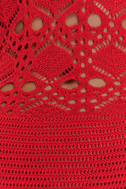 Solstice Robe Maxi Tricot Crochetee à Manches Décolletées - Orange Sanguine