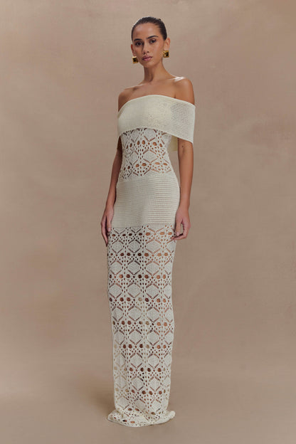 Solstice Robe Maxi Tricot Crochetee à Manches Décolletées - Ivoire
