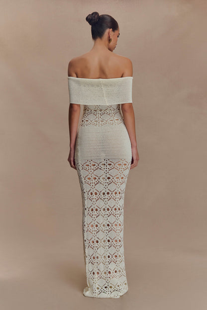 Solstice Robe Maxi Tricot Crochetee à Manches Décolletées - Ivoire