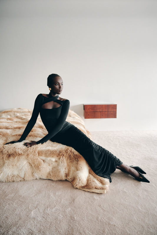 Robe Maxi Élastique à Manches Longues Lyndon - Noir