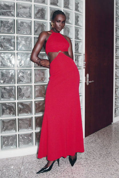 Marlowe Robe Maxi Tricotée à Manches Frangées - Rouge