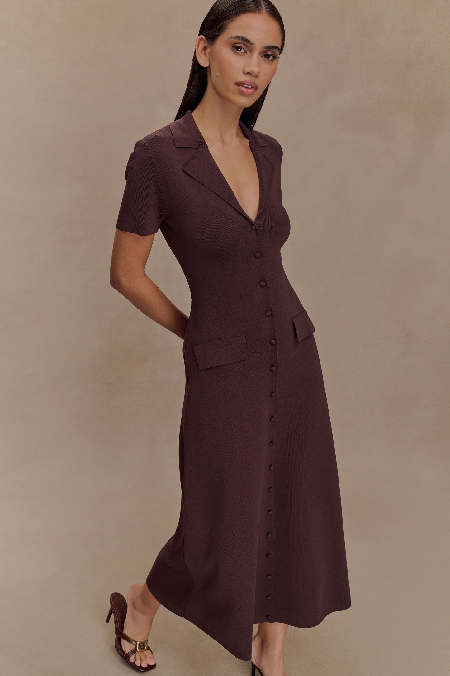 Robe mi-longue en jersey à manches courtes Pearson - Chocolat