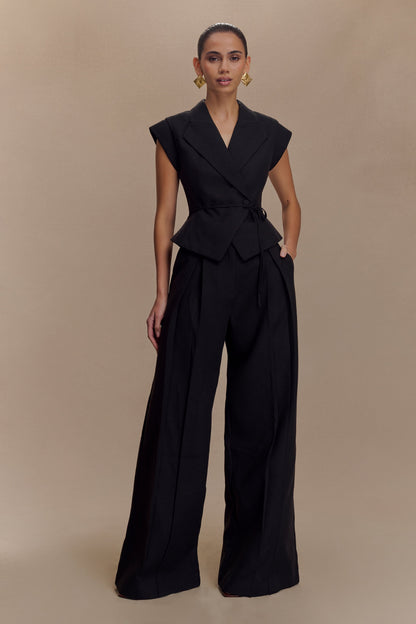 Pantalon en lin à jambes larges et taille mi-hauteur Raya - Noir