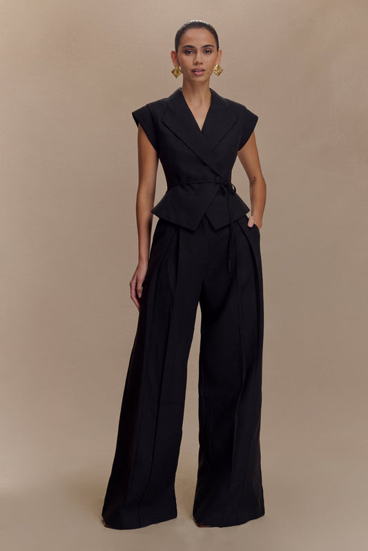 Pantalon en lin à jambes larges et taille mi-hauteur Raya - Noir