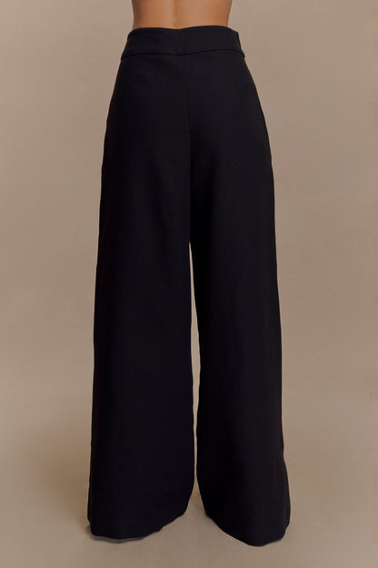 Pantalon en lin à jambes larges et taille mi-hauteur Raya - Noir