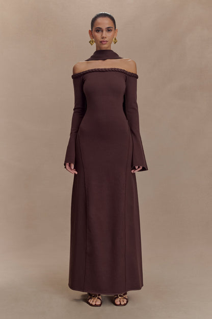 Robe Maxi en Tricot sans Bretelles Heidi avec Écharpe - Chocolat Noir