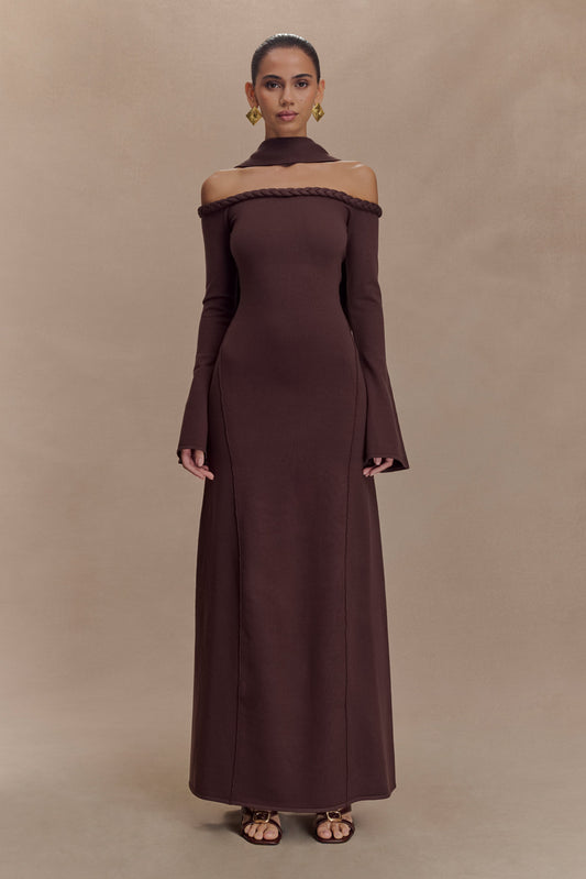 Robe Maxi en Tricot sans Bretelles Heidi avec Écharpe - Chocolat Noir