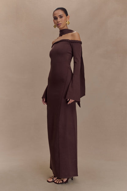 Robe Maxi en Tricot sans Bretelles Heidi avec Écharpe - Chocolat Noir