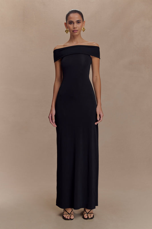 Robe Maxi Étroite et en Maille avec Fente - Noir