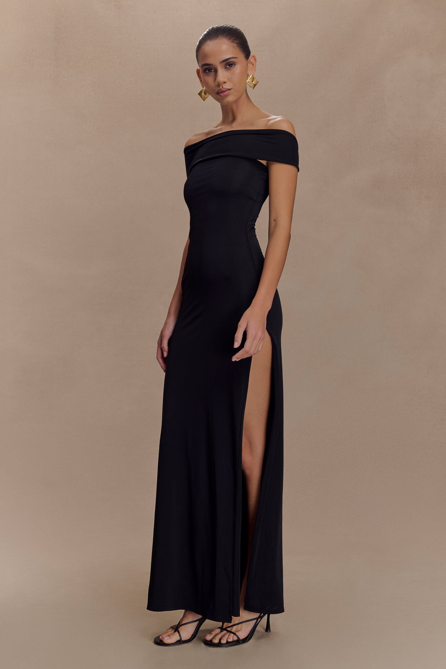 Robe Maxi Étroite et en Maille avec Fente - Noir