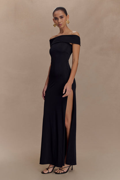 Robe Maxi Étroite et en Maille avec Fente - Noir