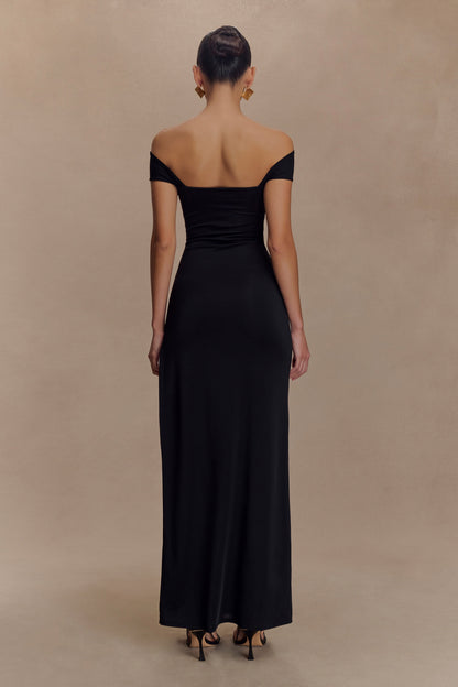 Robe Maxi Étroite et en Maille avec Fente - Noir