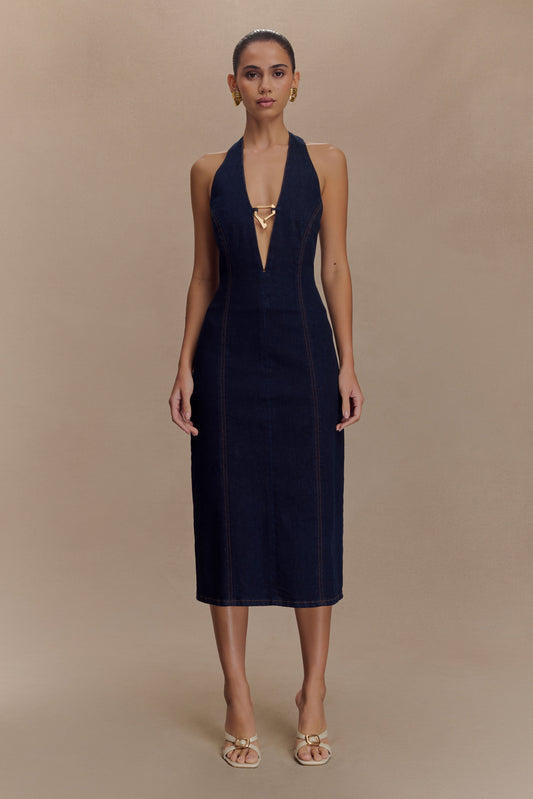 Robe midi en jean à porter en bandoulière Shauna - Bleu indigo