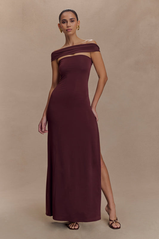 Robe Maxi Aurora en Mousseline et Maille avec Fente - Marron Foncé