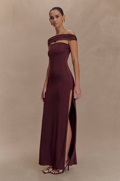 Robe Maxi Aurora en Mousseline et Maille avec Fente - Marron Foncé