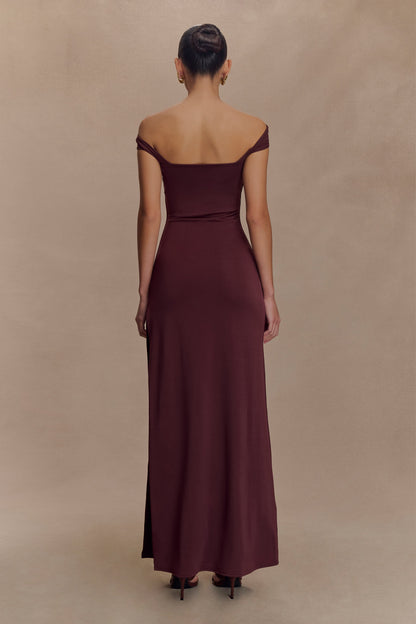 Robe Maxi Aurora en Mousseline et Maille avec Fente - Marron Foncé