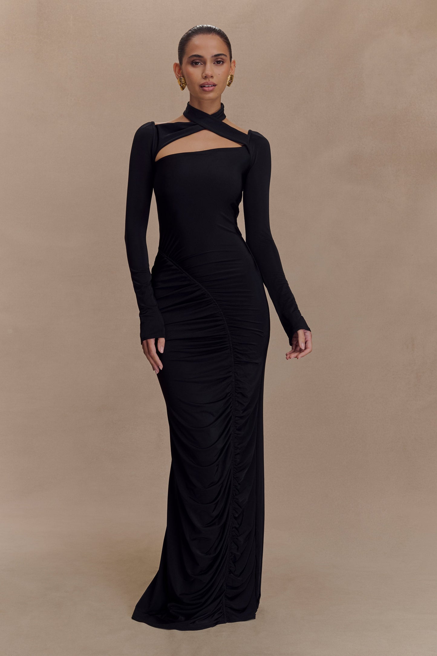 Robe Maxi Élastique à Manches Longues Lyndon - Noir