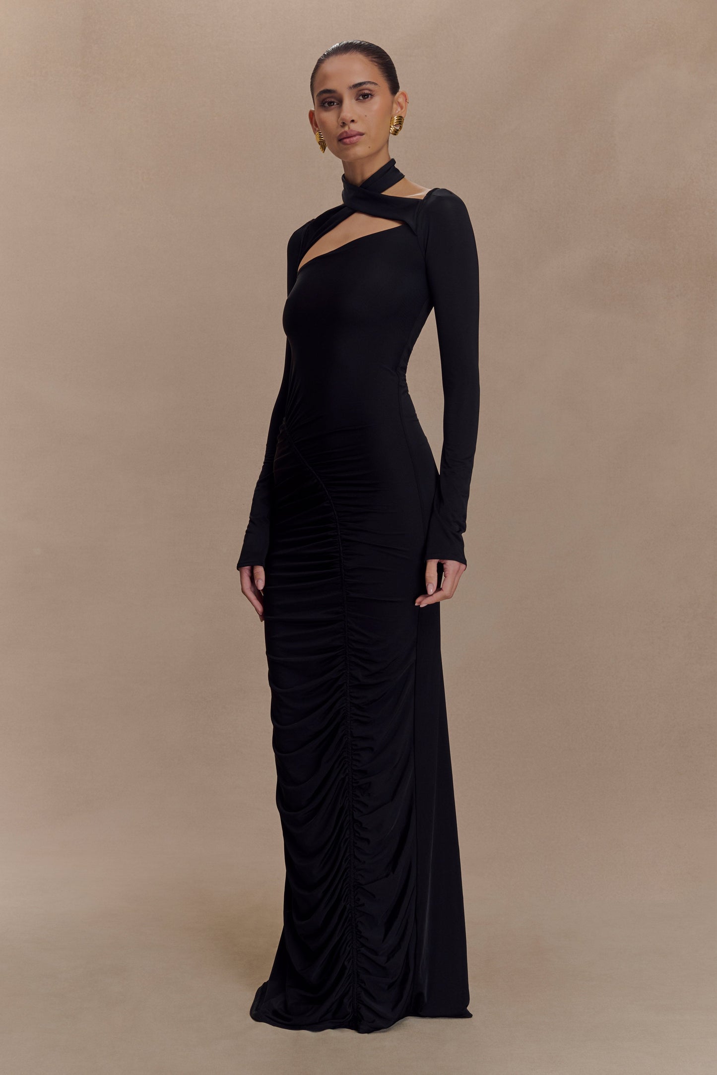 Robe Maxi Élastique à Manches Longues Lyndon - Noir