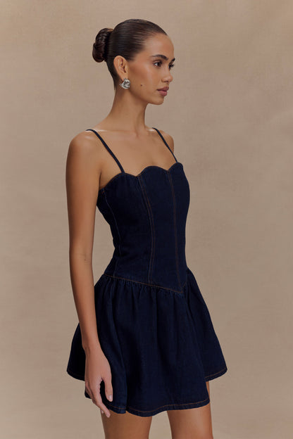 Mini-robe en jean à volants Cheyenne - Bleu indigo
