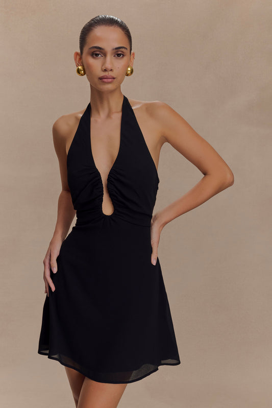 Mini-robe Malakhai en mousseline de soie avec décolleté halter - Noir