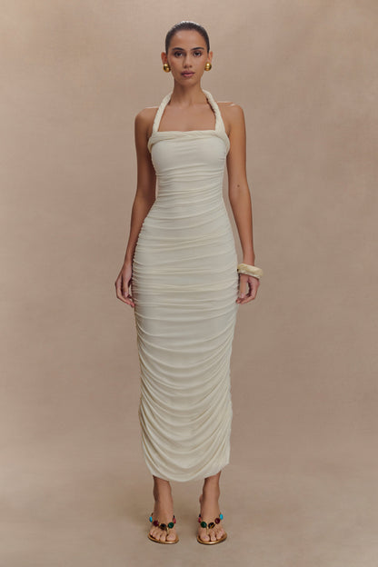 Robe midi à col montant et plis Camila - Ivoire