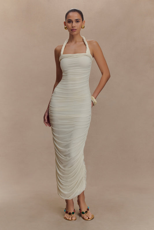 Robe midi à col montant et plis Camila - Ivoire