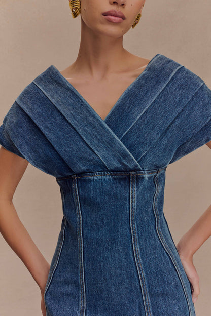 Mini-robe en jean à épaules dénudées Pascale - Bleu foncé délavé