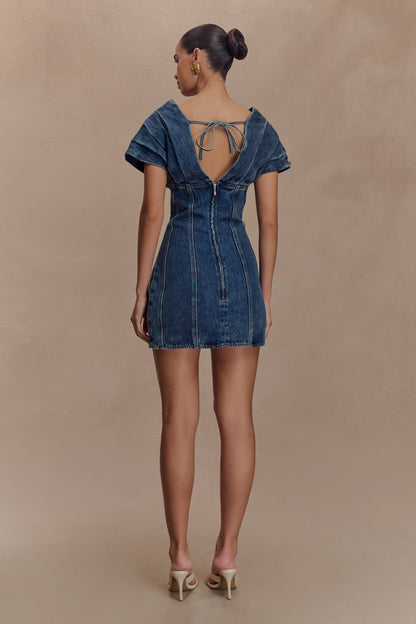 Mini-robe en jean à épaules dénudées Pascale - Bleu foncé délavé