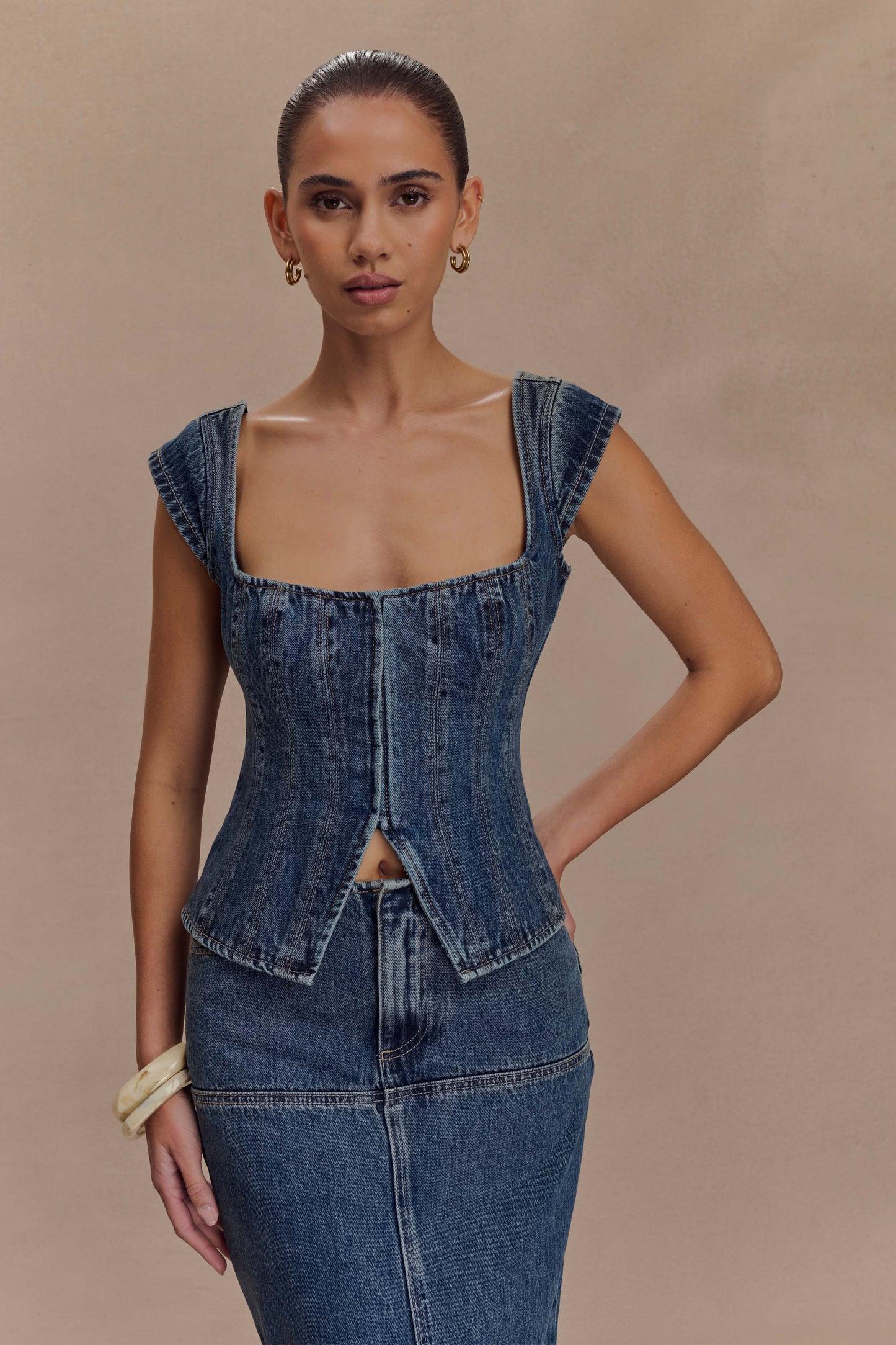 Top en jean à manches courtes Loretta - Bleu foncé délavé