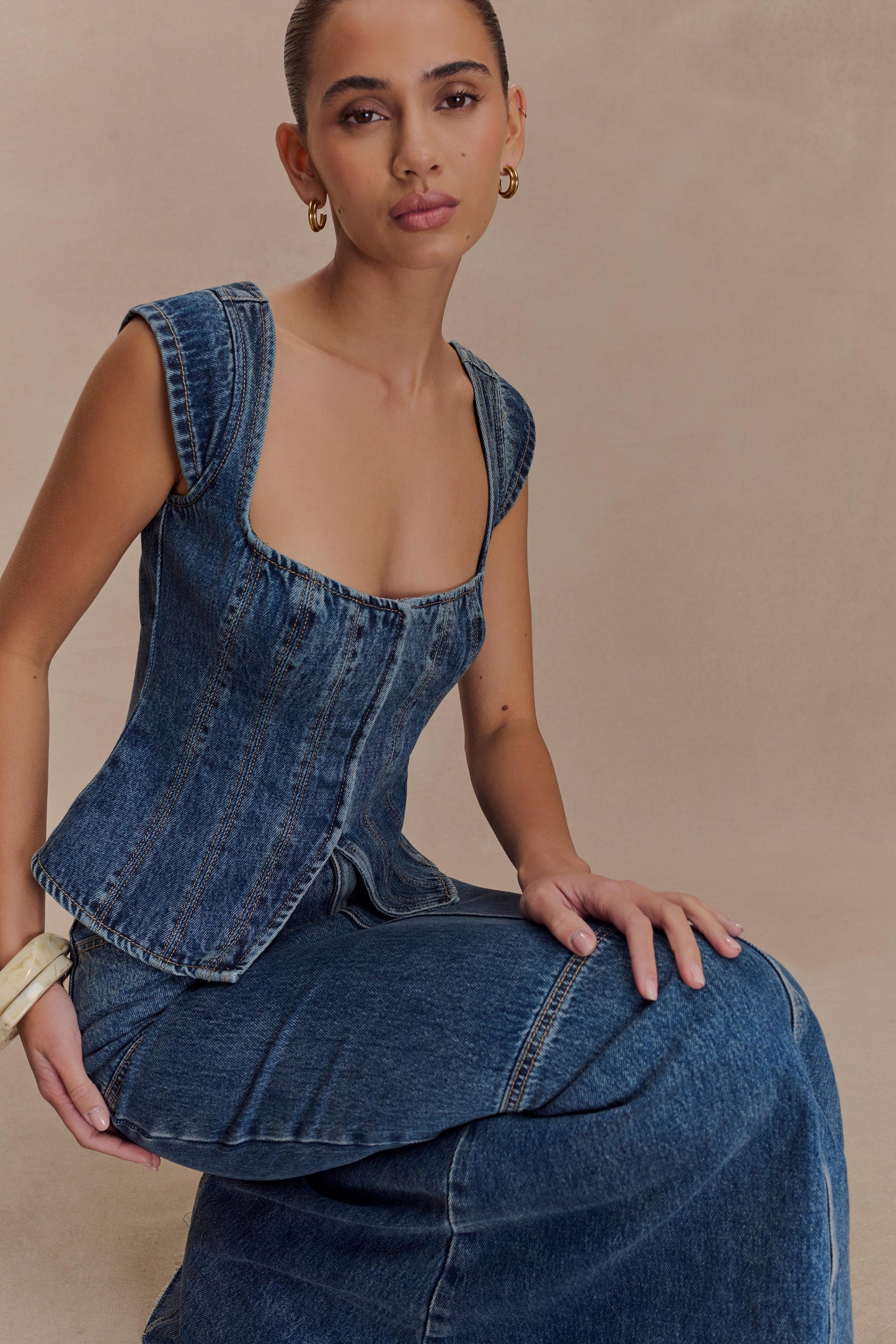 Top en jean à manches courtes Loretta - Bleu foncé délavé
