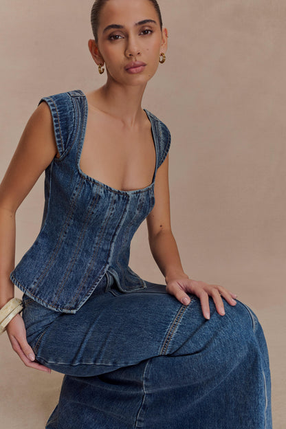 Top en jean à manches courtes Loretta - Bleu foncé délavé