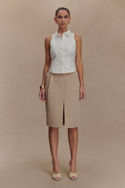 Jupe mi-longueur Vera en twill avec fente avant - Camel
