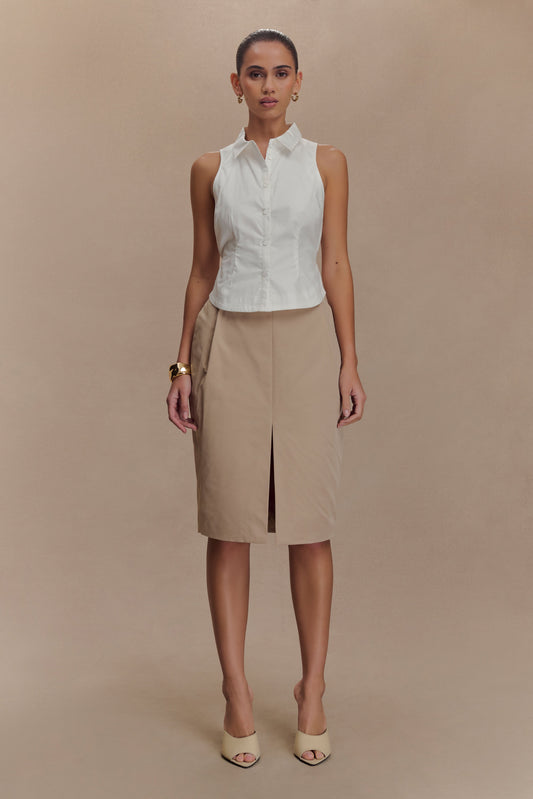 Jupe mi-longueur Vera en twill avec fente avant - Camel