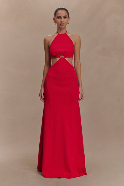 Marlowe Robe Maxi Tricotée à Manches Frangées - Rouge