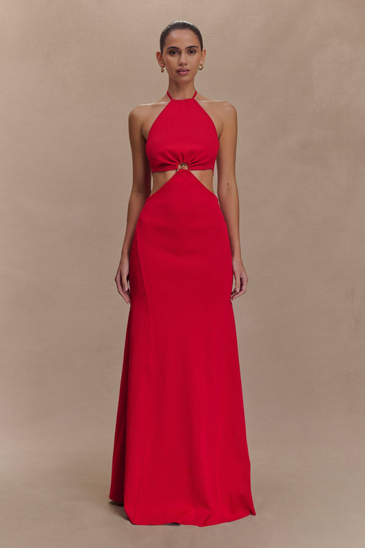 Marlowe Robe Maxi Tricotée à Manches Frangées - Rouge