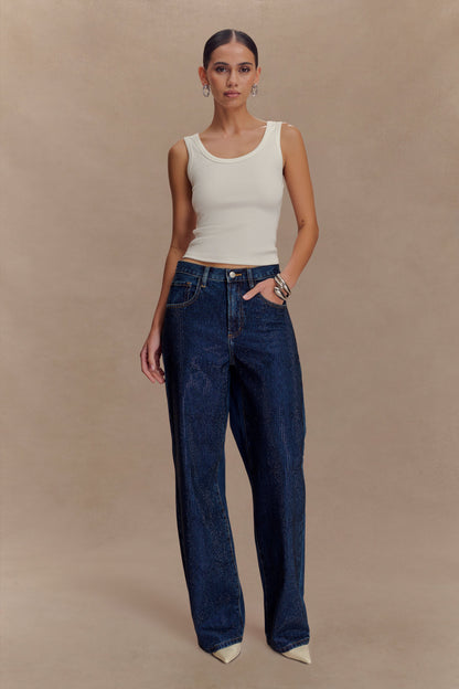 Jean en jean à taille mi-haute avec strass Laina - Bleu minuit