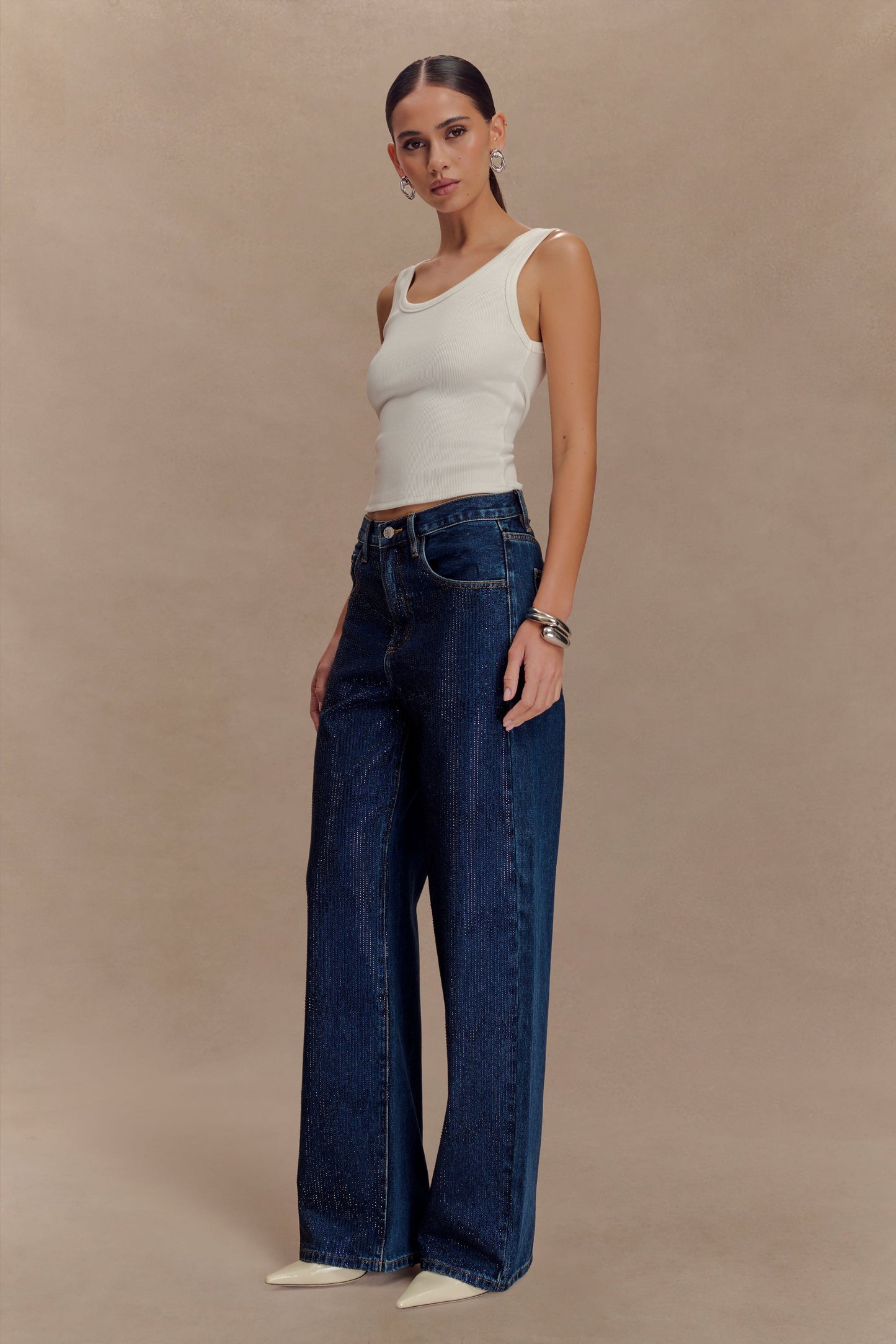 Jean en jean à taille mi-haute avec strass Laina - Bleu minuit