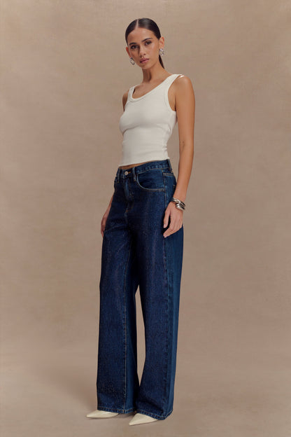 Jean en jean à taille mi-haute avec strass Laina - Bleu minuit