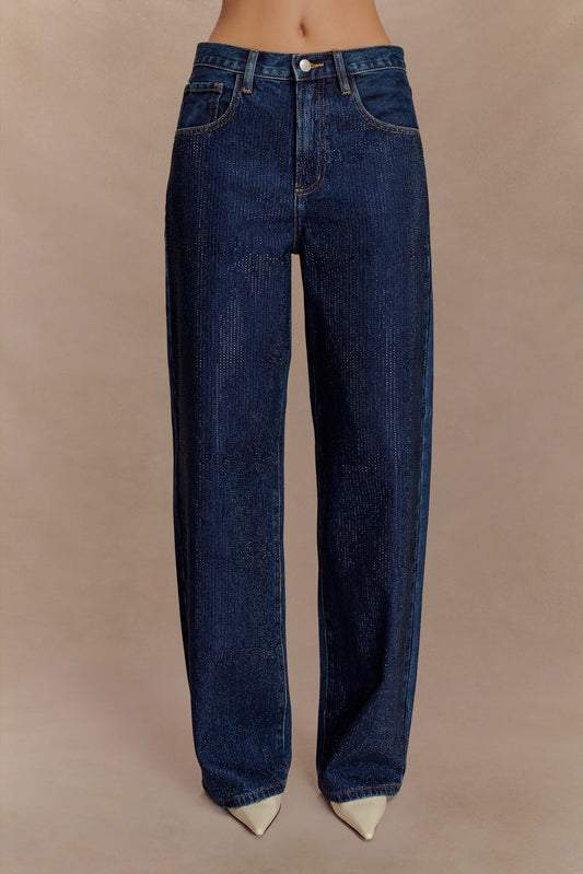 Jean en jean à taille mi-haute avec strass Laina - Bleu minuit