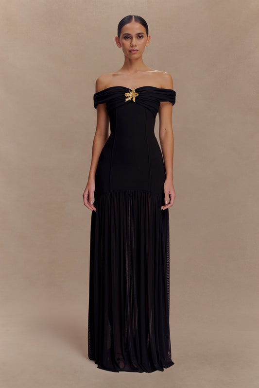 Robe maxi en crêpe à épaules dénudées Kellie - Noir